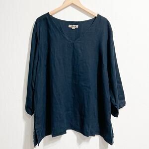 Flax Top Sz 3G 3X Blue Navy V Neck Shirt Blouse Woven Linen Lagenlook